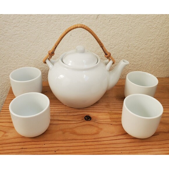 Pier 1 Imports Porcelain Tea Set White China Teapot & 4 Cups Classic Decor Asian - Picture 1 of 9